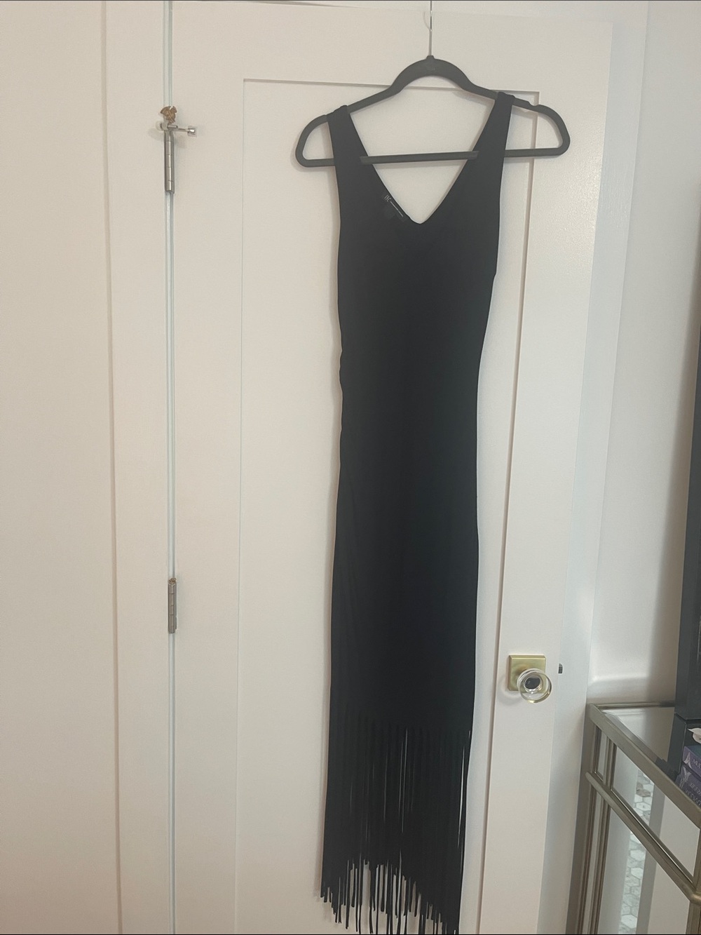 Sleek Black Fringe Maxi Dress - V-Neck
